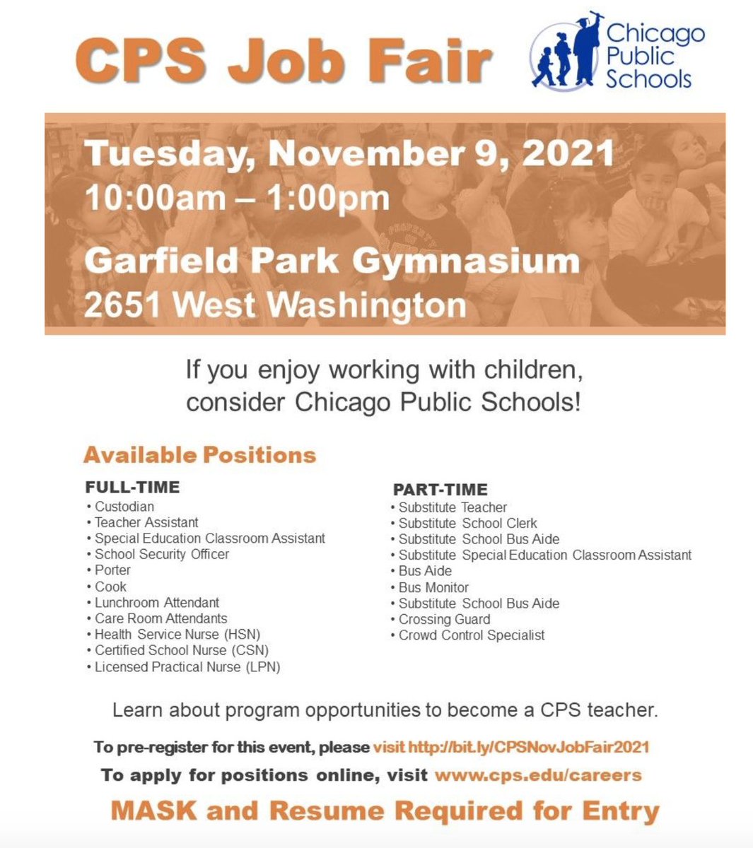 We’re looking forward to connecting with you at our in-person job fair on Tuesday, November 9. The district is hiring for many roles including custodians, teacher assistants, and school nurses. bit.ly/CPSNovJobFair2…