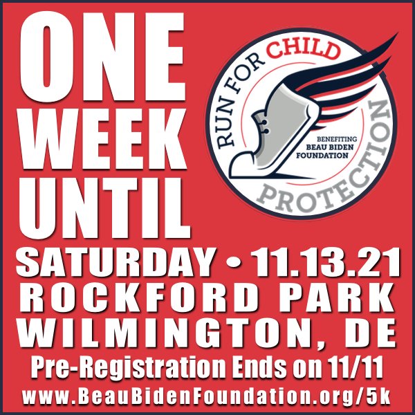 BeauBidenFdn's tweet photo. 🏃🏻‍♀️🏃🏾‍♂️ ONE WEEK until the 2021 #RunForChildProtection on Saturday, November 13th. Please join us at Rockford Park for a wonderful day of protecting children while enjoying the beautiful fall colors in #WilmDE. Please visit https://t.co/i1TClz2o9e to register now. #inWilm #netDE https://t.co/7EsohIOGQB
