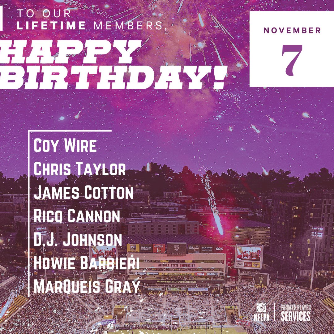 NFLPAFmrPlayers's tweet photo. Happy birthday to our members @CoyWire @Cbtaylor27 @buckicon @ricocannon @coach_dj6 @marqueisgray - the best is yet to come! 🎈#nflpafraternity 
Don't see your handle? Update your profile on https://t.co/nvjLkOSFgY. https://t.co/furjIRiQYp