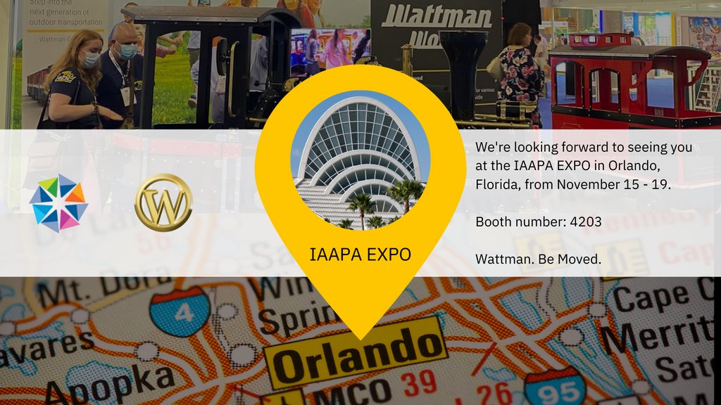 WattmanWorld's tweet photo. 🎡 Are you visiting the IAAPA EXPO this year? 

🚂 Make sure to stop by the Wattman World booth at @IAAPAHQ Expo in Orlando, Florida, November 16-19th, 2021. 

We look forward to meeting you there at booth number 4203. 

#iaapaexpo #iaapa #Orlando #themepark #event #attractions https://t.co/FMUYACIc6z