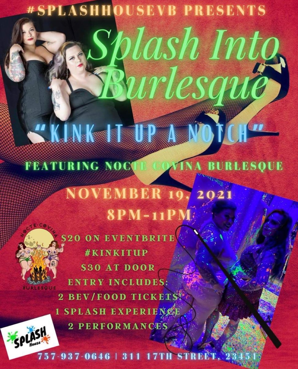 Splash Into Burlesque at Splash House VB is back this month for a special kink themed event! Tickets are up on Eventbrite now for $20. Check the link in our bio. 

#splashhousevb #splashintoburlesque #splashpainting #757nightlife #supportlocal #burlesque #datenight