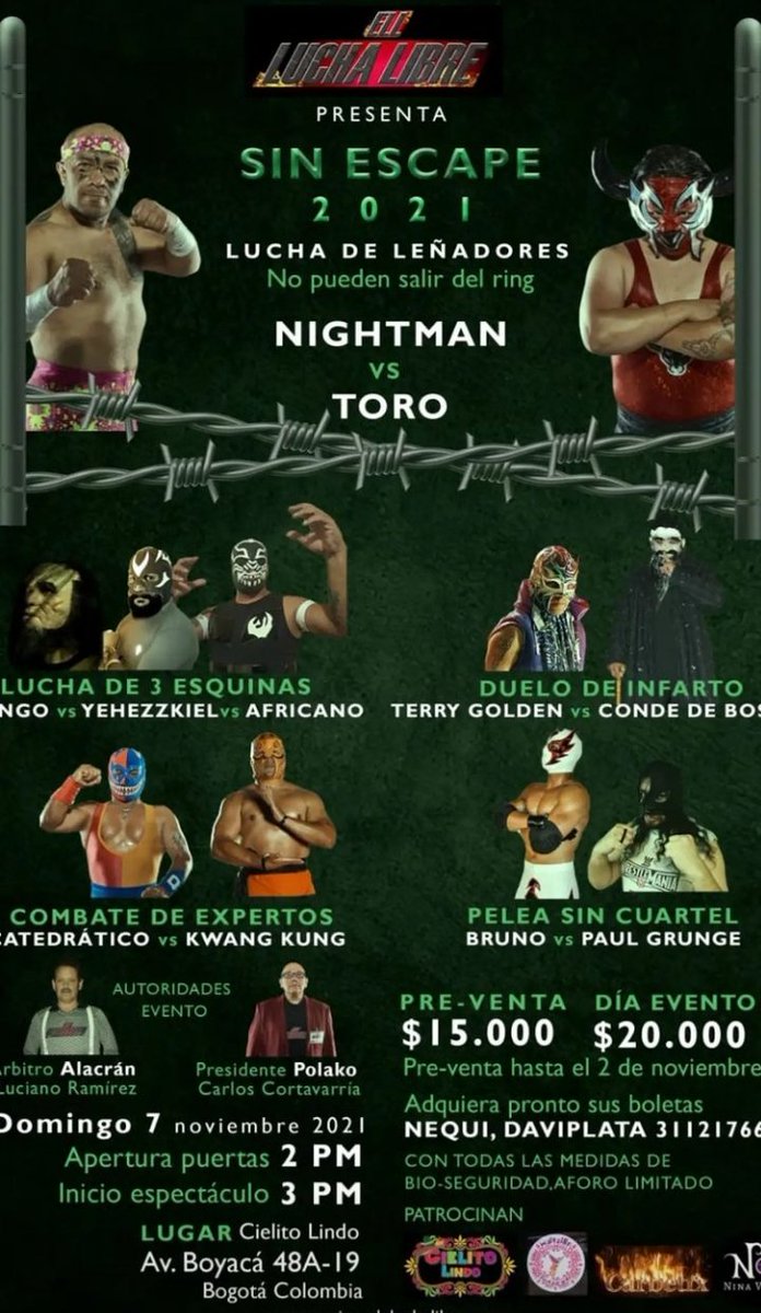 WrestlingColSoc's tweet photo. Lucha Libre Nacional! 🇨🇴💪

Hoy domingo la empresa colombiana "Equipos de Lucha Libre" #ELL, presenta su evento "Sin Escape 2021" desde el gastrobar Cielito lindo en Bogotá! 

#TerryGolden #KwangKung #Nightman #AfricanoJr #PaulGrunge #Bruno #Toro 

Aquí la cartelera 👇 https://t.co/StndYfI9Kg