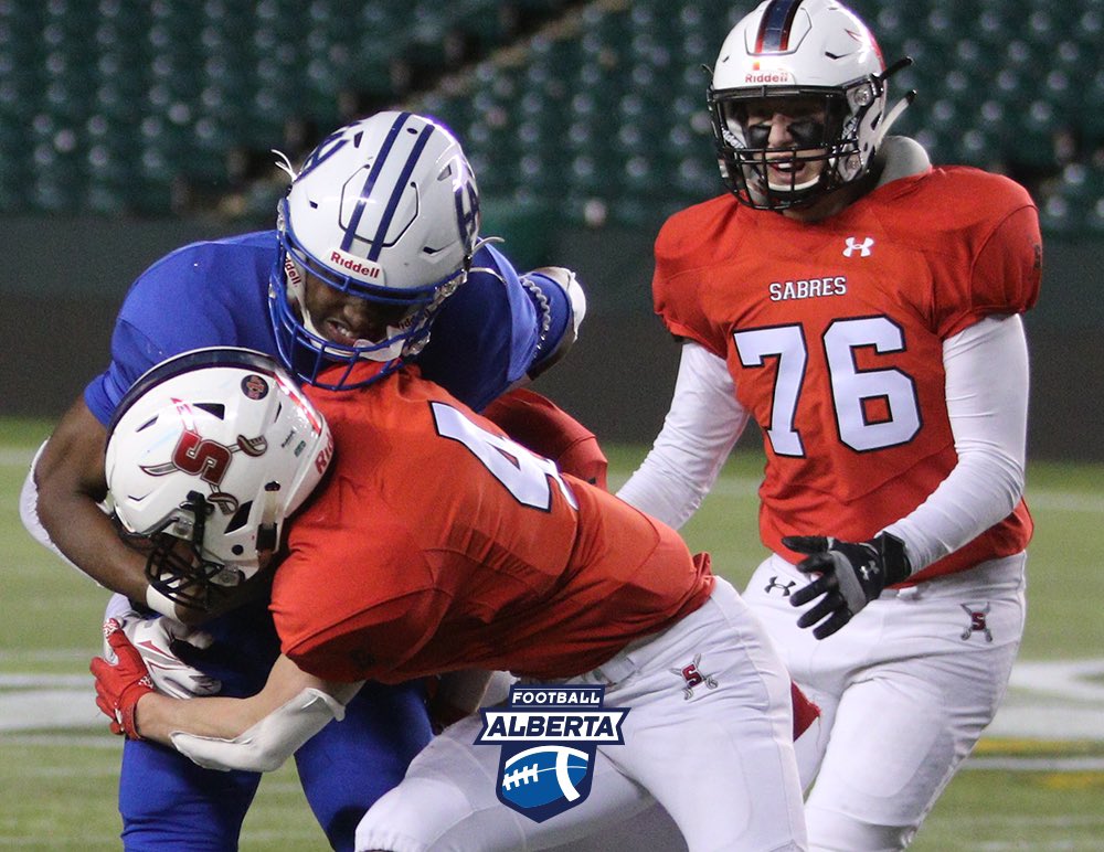 FootballAlberta's tweet photo. Titans’ Josh Dodd’s (#3) being taken down by Sabres’ Tytan Johannesson (#4) as Brandon Zurawell (#76) looks on. 📸 @moushjohnphotography 
🏈🏈
#football #footballalta #footballalberta #salisburysabres #harryainlaytitans #gameoftheweek #carrfinal https://t.co/Etf7qNIPF7