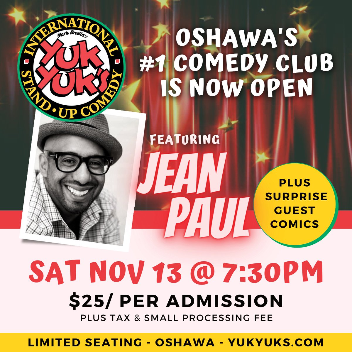 Trinidadian-born, Brooklyn raised and currently resident of Toronto, comedian Jean Paul has always had an innate sense of humour. He's headlining THIS Saturday. Tickets now sold individually: YukYuks.com/Oshawa

#Oshawa #Durham #YukYuks #ComedyClub #Comedy
