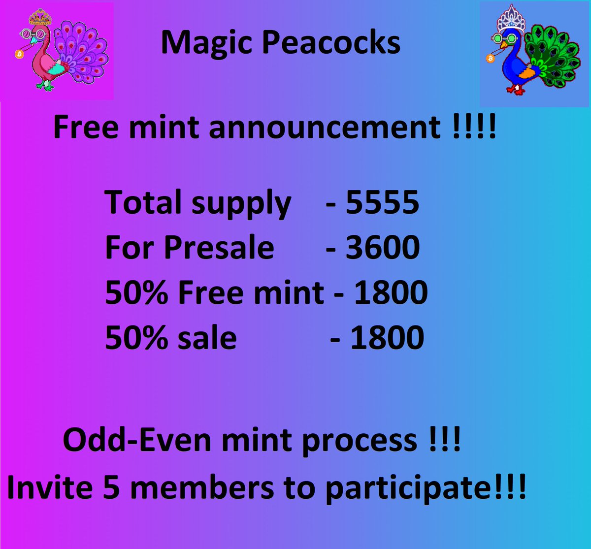 #NFTGiveaway 
🔥MagicPeacocks X Number Experiment 🔥

Prizes:
Magic Peacock Free mint
2x Number Experiment WL
3 x Magic Peacock WL

Enter by:
1️⃣ RT &amp; follow @NumbersExpNFT
 &amp; <a href="/MagicPeacocks/">Magic Peacocks | Solana NFT | Magic Eden</a>
2️⃣ Join Discord: discord.com/UYmp9RuM9d  &amp; discord.gg/YPFAR2EHKH
3️⃣ Tag 3
48hr
#NFT