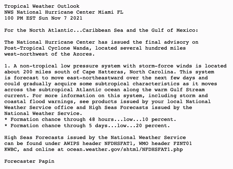 NHC_Atlantic's tweet photo. 1pm EST 7 Nov: #Wanda is now a post-tropical cyclone WNW of the Azores, but NHC is now monitoring the non-tropical low with storm-force winds off the SE-US. 

This feature may acquire some subtropical characteristics moving ENE over the Gulf Stream.

More: https://t.co/NERCKMhgQU https://t.co/AchYUesMMv