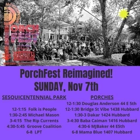 SPARJax's tweet photo. No Porchfest yesterday? GOOD NEWS! We're hosting a smaller version of Jax Porchfest **TODAY**, Sunday, Nov 7th, 12-8pm, @ Sesquicentennial Park (1527 M. Main) &amp; adjacent porches! Dozen bands, good food, drink &amp; local vendors too..still FREE! 🥳🎵🎺🎸🎷🥁🎶
https://t.co/wNBpMByRSd https://t.co/elSaQIfPuL