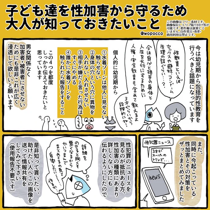 あと子どもに伝える包括的性教育や、親が知っておくべき性暴力の色々な形をわかりやすく漫画にしたブログ記事はここから読めます
(字が多くてごめんなさい…)

https://t.co/zy84BAPeuF

こちらのオレンジ4枚、グリーン4枚の漫画画像はフリー画像として色々な活用して頂いてOKです
#ヲポコめも 