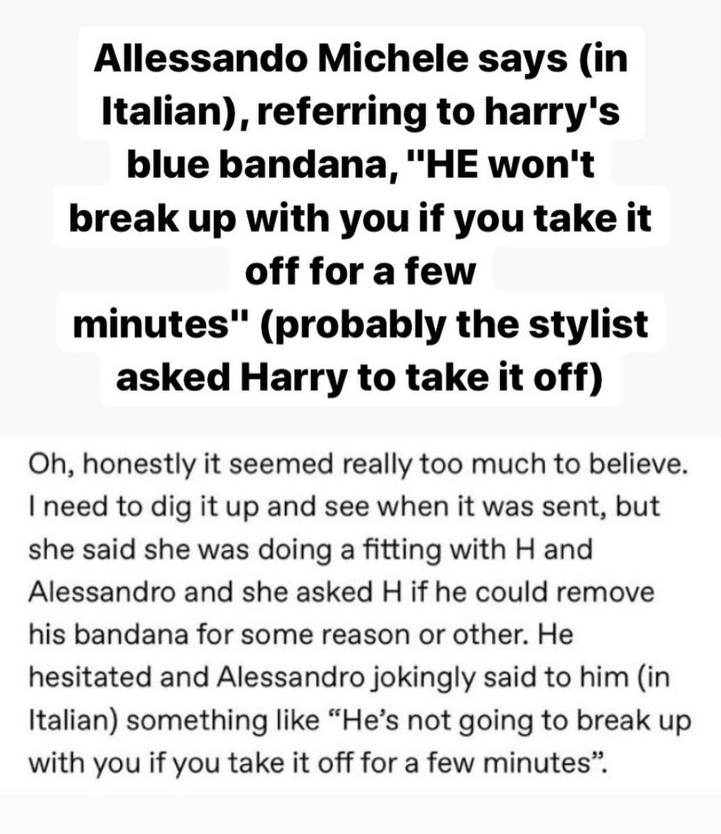 fearlesslarryx's tweet photo. Imagine Harry being so attached to his blue bandana that Alessandro immedialy knew why he hesitated.

The blue bandana is like his safety blanket. It makes him feel less anxious and uncomfortable when Louis isn’t there to make him feel comfortable and loved. https://t.co/YDXk2aGLxg