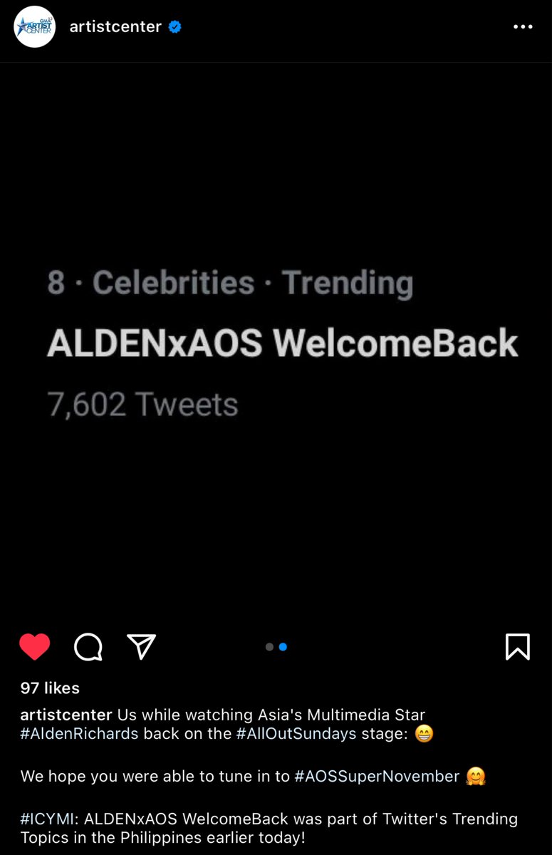 AldenTrendsOFC's tweet photo. Let’s head over to @ArtistCenter IG post about our trending tagline earlier and give it some love, ATeam!

@aldenrichards02 @AllOutSundays7 
#AOSSuperNovember
ALDENxAOS WelcomeBack https://t.co/C4l7K7tWhf