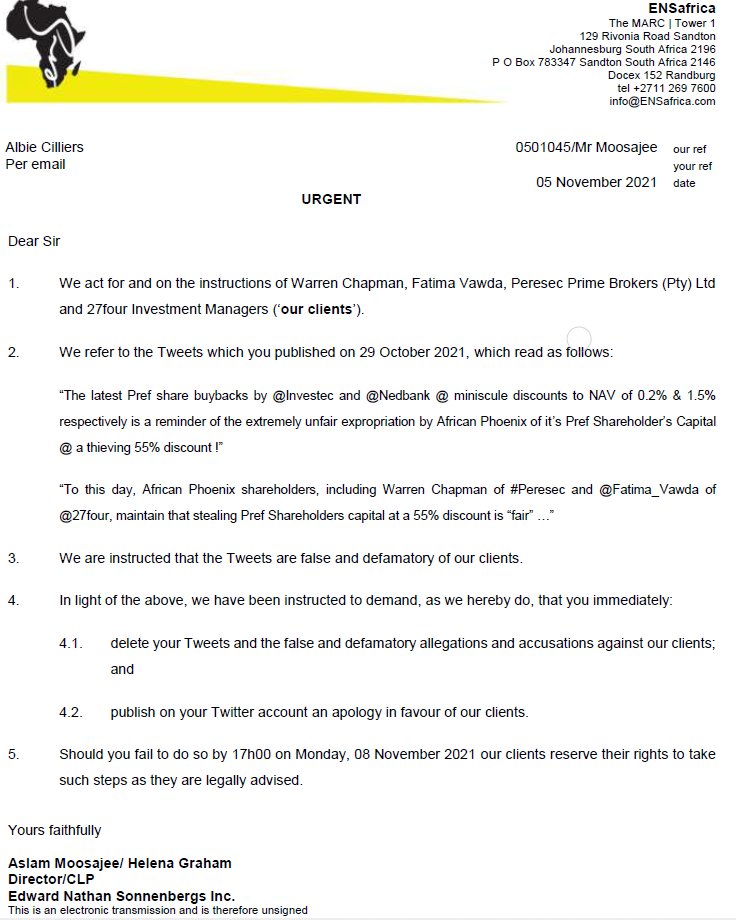 albie_cilliers's tweet photo. Dear Readers
I need your help with some input please.
On Friday I received a threatening legal letter from Warren Chapman, @Fatima_Vawda , #Peresec Prime Brokers (SA largest stock broker) and @27four Investment Managers via Africa's largest legal firm, ENS. (see below) https://t.co/wCNztopfgH