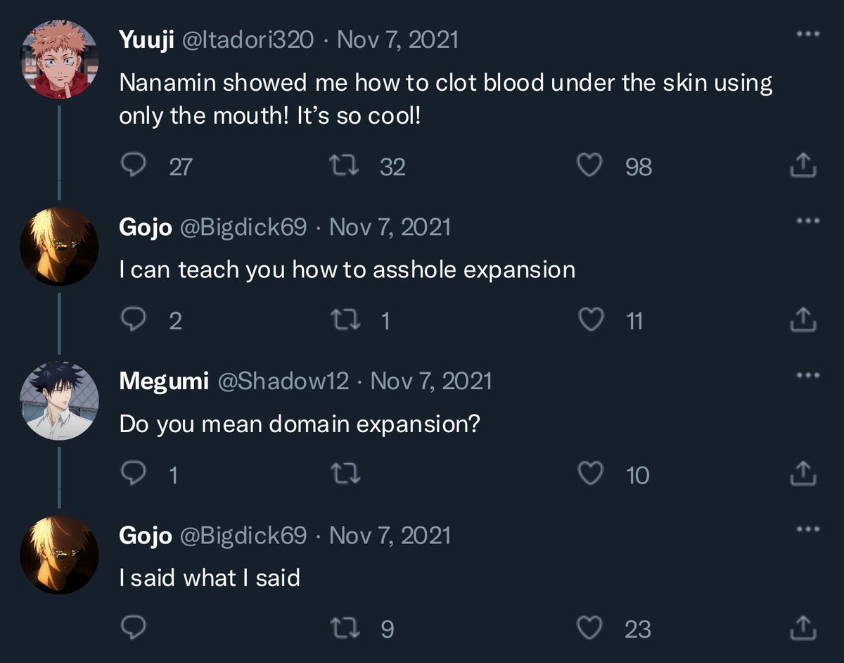 gegomiyakawa's tweet photo. 🚨And the beef continues🚨

Note: Gojo blocked Geto’s main acc, so Geto has been replying to him using his private acc

#AllYuuji #Nanaita #Goyuu https://t.co/p2z3Cjy8Eb