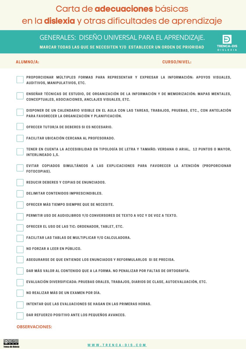 Las adecuaciones curriculares son imprescindibles para garantizar la igualdad de oportunidades del alumnado con #dislexia y otras #DEA. 
Trenca-dis ha elaborado una carta de adaptaciones básicas para personalizar la respuesta educativa.
Descárgatela en🧵👇 TRENCA Y DESCARGA