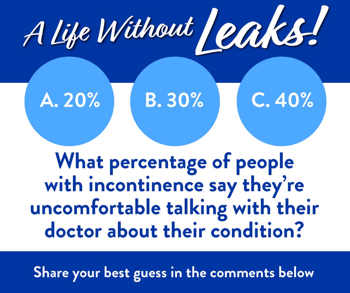 bhealth_'s tweet photo. Test your knowledge! How many people do you believe are uncomfortable talking with their doctor about their bladder leaks? Share your best guess in the comments! #lifewithoutleaks https://t.co/QpXdBIigu0