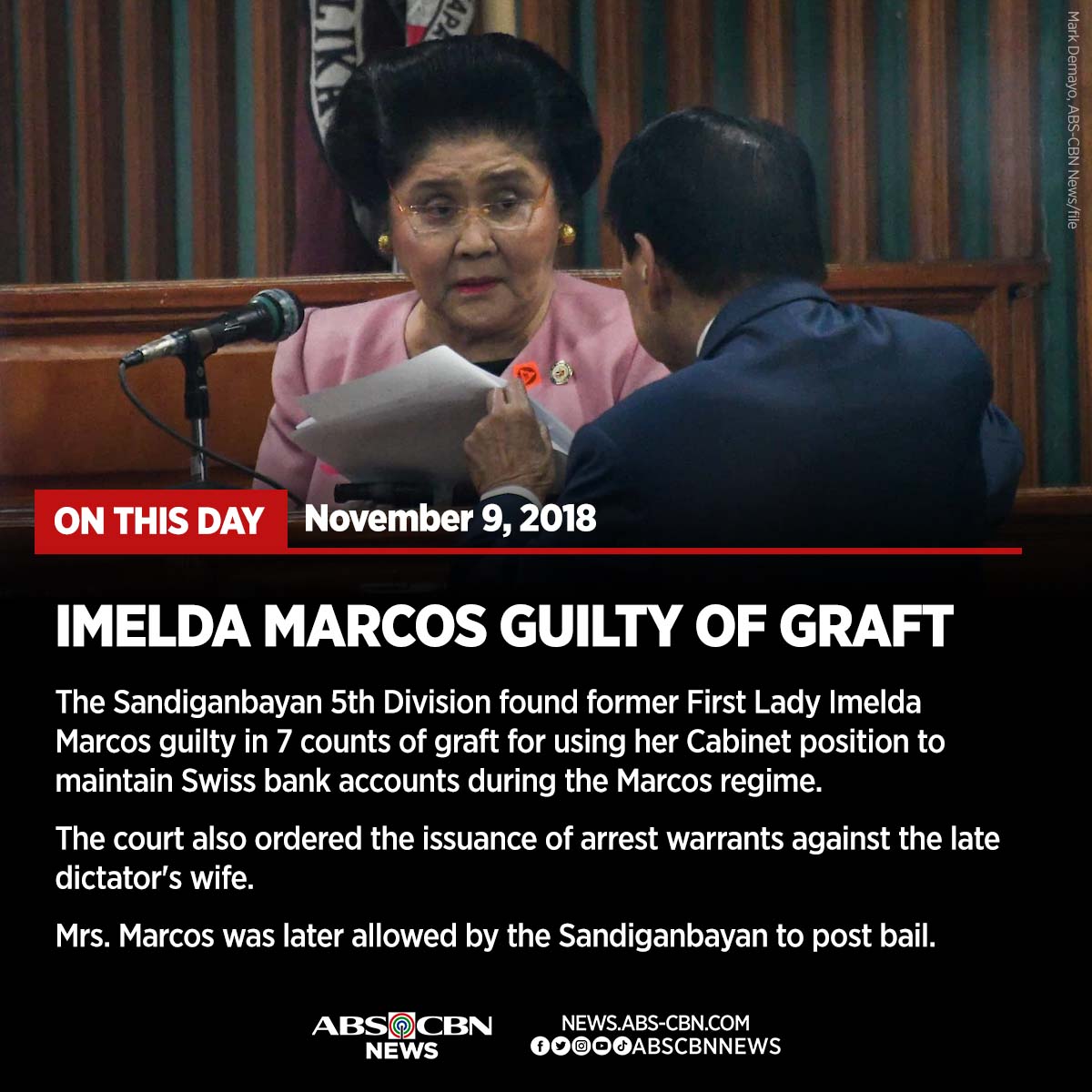ABSCBNNews's tweet photo. Tatlong taon na ang nakararaan nang mahatulang guilty sa kasong graft si dating first lady Imelda Marcos.

BASAHIN: https://t.co/xDu6QNQDC9 https://t.co/tXh3xXGVv2
