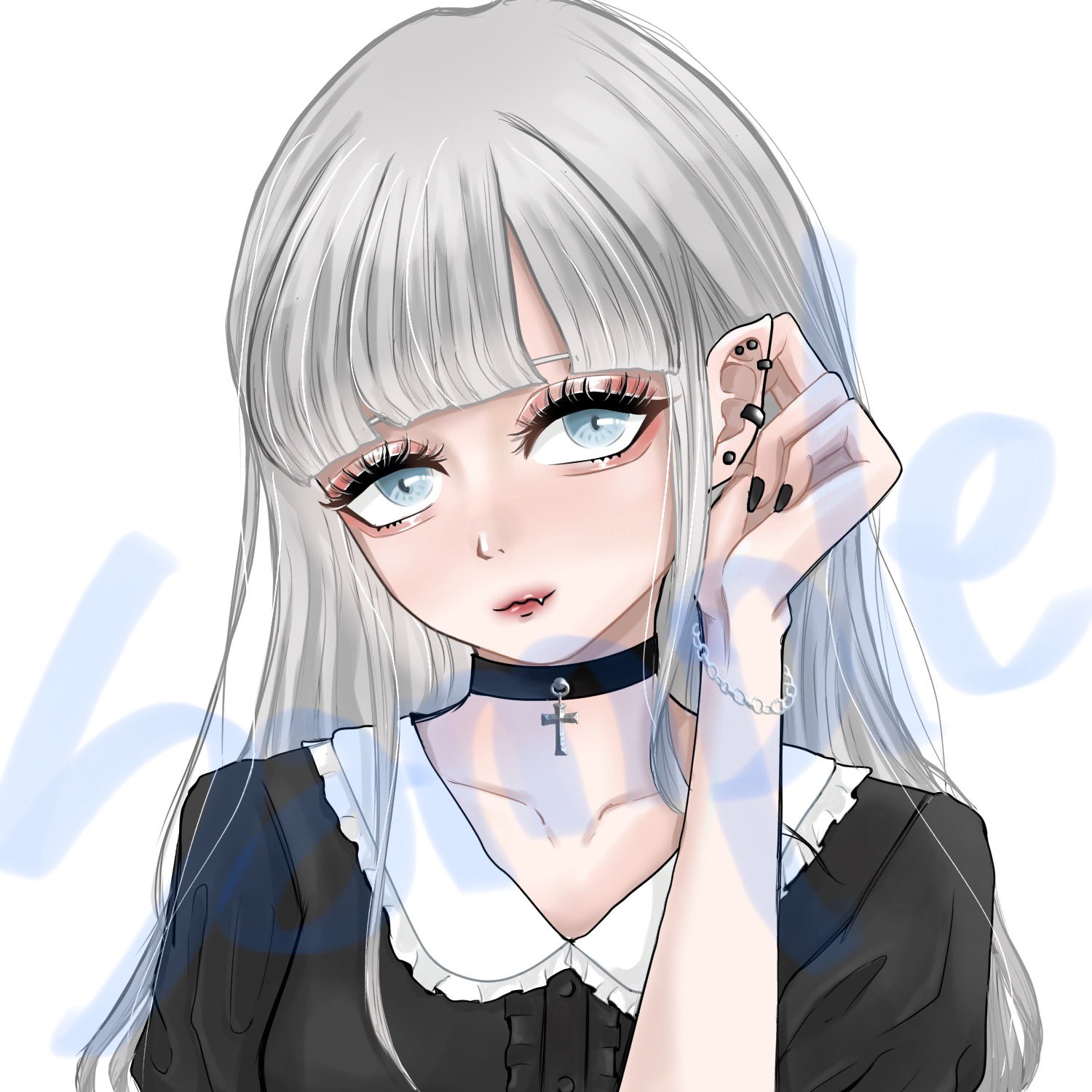 透明人間 頑張る イラスト 絵描き お絵描き 落書き ラフ画 有償依頼 感謝 メンヘラ 素人 ロングヘア ストレートヘア メンヘラ女子 チョーカー ピアス ピアス女子 ネイル 黒ネイル 白 黒 White Black ブルーアイ Blueeye