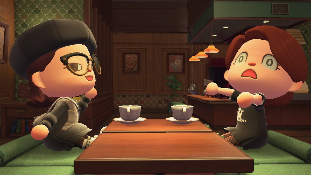 PettyBeach's tweet photo. Morning coffee with @dyannasaur #AnimalCrossing #ACNH #NintendoSwitch https://t.co/9k3blIdm2X