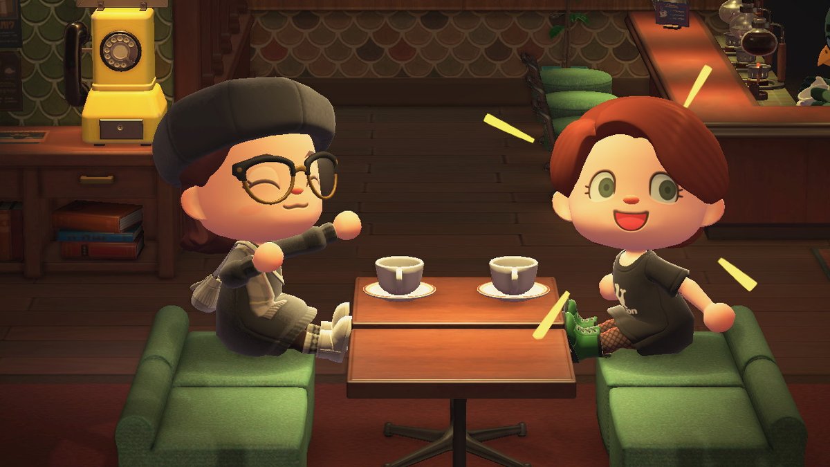 PettyBeach's tweet photo. Morning coffee with @dyannasaur #AnimalCrossing #ACNH #NintendoSwitch https://t.co/9k3blIdm2X
