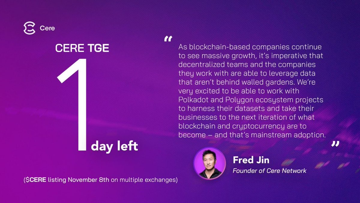 🚀1 day left for our TGE | CEO Highlight

💯We are almost there! Tomorrow <a href="/cerenetwork/">Cere Network</a> will list on multiple exchanges after 3 years of development!

💡In our last countdown post, we are highlighting our CEO, Fred Jin, the mastermind behind the project

#cere #cerenetwork