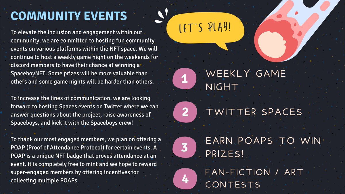 SpaceBoysNFTs's tweet photo. ✨SPACEMAP: Community Events✨

#NFT #SpaceboysNFT #Space #GameNight #POAP #wgmi #NFTCommunity https://t.co/JmhqE02add