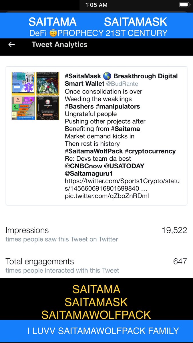 BudRante's tweet photo. Be a #witness 
#ShortSqueeze  Watchout 
#SaitamaWolfPack 
#SaitaMask 
#Saitama a #DeFi 😇#Prophecy

@CNBCnow @USATODAY @FoxNewsSunday @Saitamaguru1 
@WSJ @MarketWatch @cnn @cnnbrk 

#CryptocurrencyNews #cryptocurrencies #CryptoNews #cryptogiveaway #Crypto https://t.co/XL7OjP4hsP
