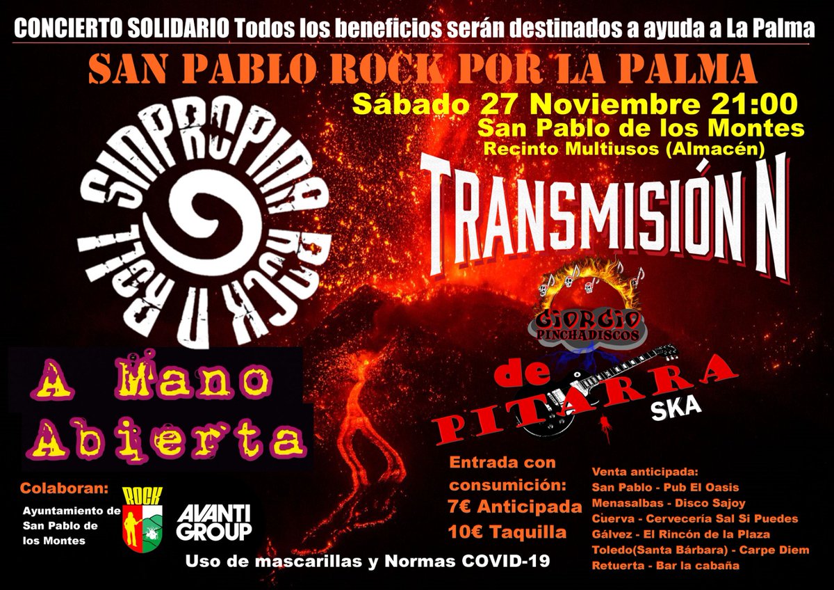 transmisionN's tweet photo. Buenas, para animaros esta tarde de domingo os dejamos nuestro próximo concierto. Un concierto muy especial al que os animamos a ir ya que es para una buena causa. #rock #punkrock #toledo #sanpablodelosmontes #transmisionn #sinpropina #amanoabierta #depitarraska #LaPalma https://t.co/5ALh6WkE3B