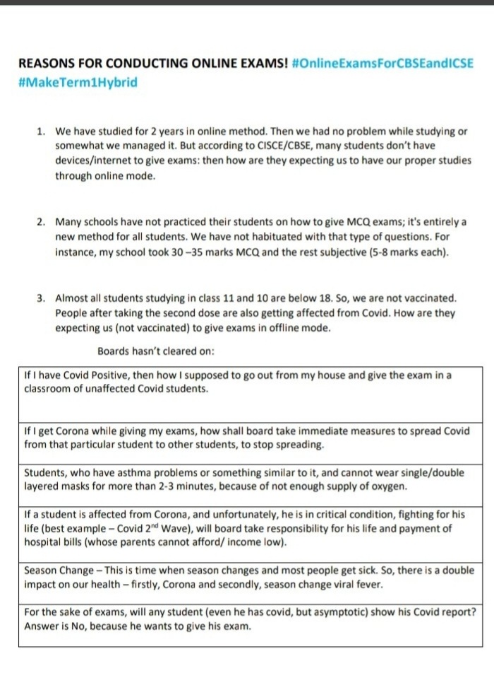 AyushSingh1705's tweet photo. The reasons for holding CBSE/CISCE Nov-Dec board exams online/hybrid for classes 10 and 12. Please provide us with options.
@EduMinOfIndia @cbseindia29
@PMOIndia #MakeTerm1Hybrid
#cbseterm1online #CBSE #OnlineExamsForCBSEandICSE
#CBSEandICSEgoonline
#cbseterm1online
@PMOIndia https://t.co/G9va1lkmmu