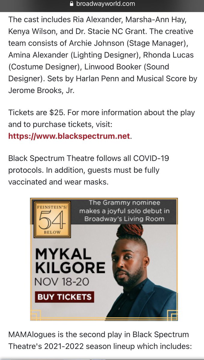 The #Mamalogues By @DrLisaBThompson is mentioned on #BroadwayWorld @BroadwayWorld we run 11/11-21/21 I created original music4the score-It was nice 2see @colmandomingo & @SharonWashActor mentioned in the script4their developmental production #BlackSpectrumTheatre @OnBlackSpectrum