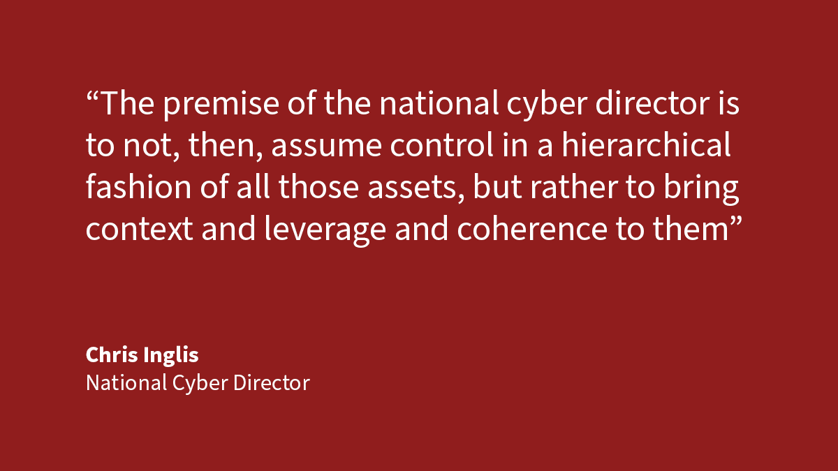GovMattersTV's tweet photo. “The premise of the national cyber director is to not, then, assume control in a hierarchical fashion of all those assets, but rather to bring context and leverage and coherence to them” @ncdinglis @ONCDPress https://t.co/RMIW39watO