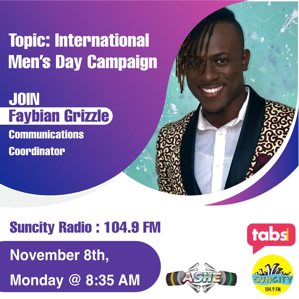 thetabsproject's tweet image. #InterviewAlert 🚨 Join our Communications Coordinator, Faybian Grizzle, tomorrow morning at 8:35am on Suncity FM ( 104.9 FM), as he discusses our International Men’s Day campaign.