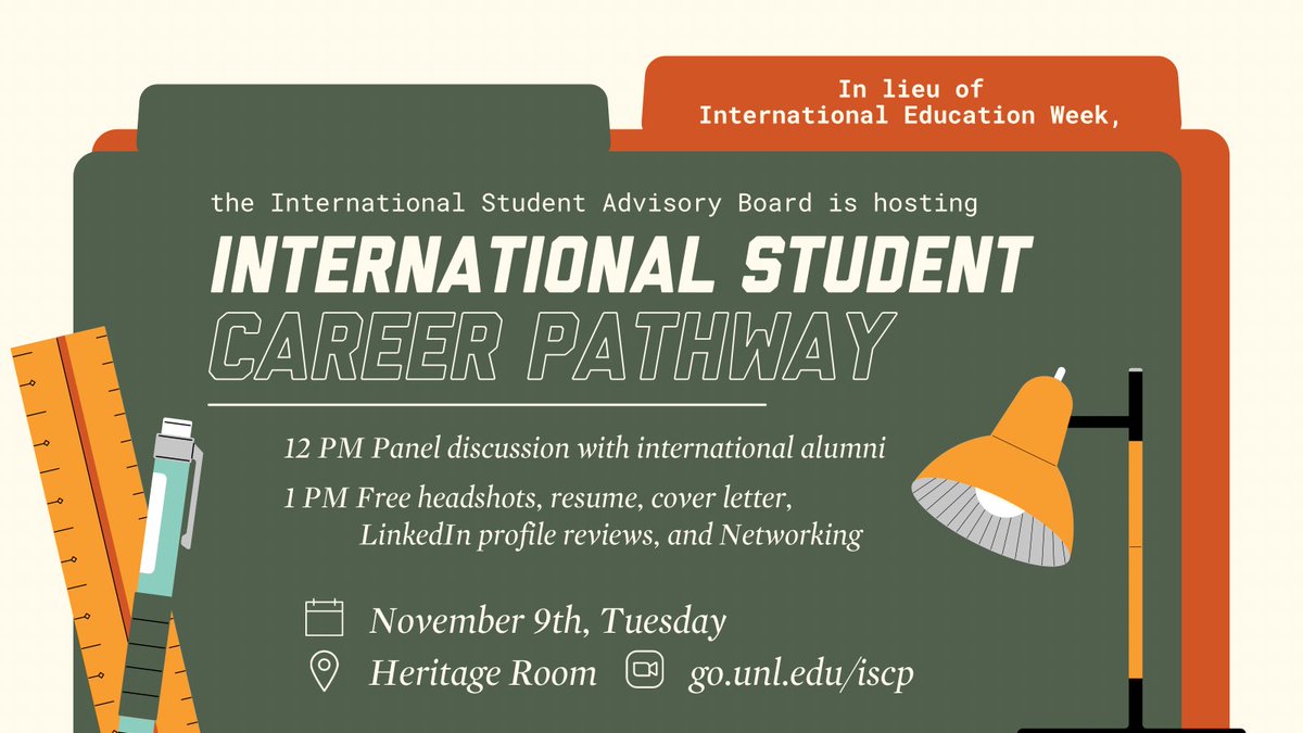 isab_unl's tweet photo. @UNLincoln international students, are you looking for career development opportunities? Join us at the International Student Career Pathway event on 11/9 (Tuesday), 12PM at Heritage Room, City Union! https://t.co/erdZZKThRp