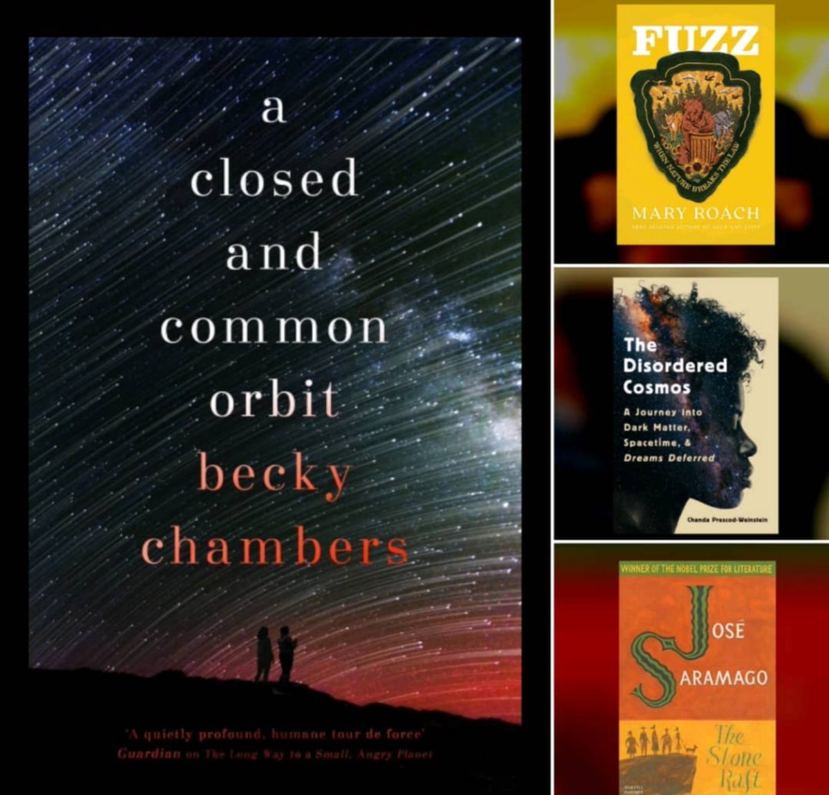 LemInTheWorld's tweet photo. #OctoberReads: beauty of scifi+identity+relationships, facts+fun+fur, physics + social perspective, meandering tail of people + what if.
#AClosedAndCommonOrbit by #BeckyChambers
#Fuzz by #MaryRoach
#TheDisorderedCosmos by #ChandaPrescodWeinstein
#TheStoneRaft by #JoséSaramago https://t.co/d7dV8lRGbI