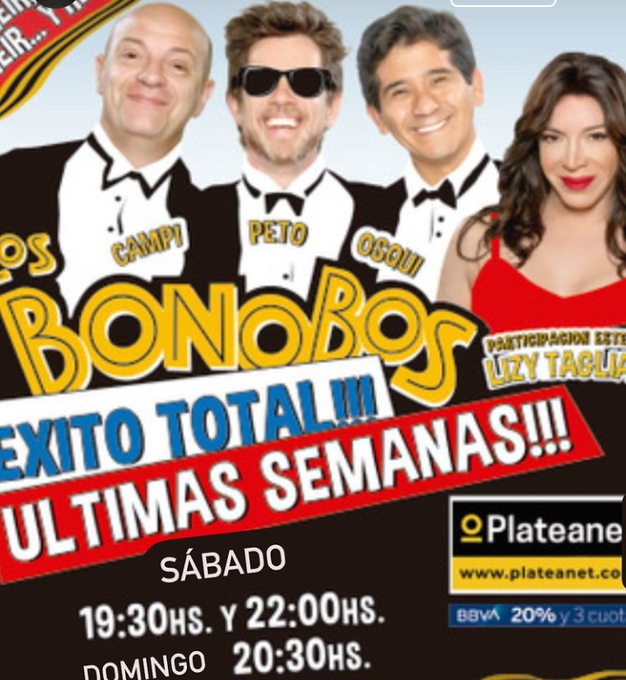 Hoy #LosBonobos con la diosa <a href="/lizytagliani/">Lizy Tagliani</a> <a href="/martinCampi/">Campi</a> <a href="/OsquiGuzman/">Osqui Guzman</a> <a href="/Pmenahem/">Peto Menahem</a> <a href="/manupalok/">🅜🅐🅝🅤 🅟🅐🅛</a> y anitagutierrezh en el <a href="/T_LolaMembrives/">TeatroLolaMembrives</a>
Últimas semanas!!! 🙊🙉🙈
Nadie se la puede perder está buenísima!!!👏👏