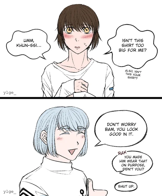 Kinda spoiler-y? From ToG's fast pass ep last week #togspoilers #khunbam
.
Headcanon:
What if it's really Khun's shirt bc when he changed Bam, Khun didn't know where Bam put his clothes- 
