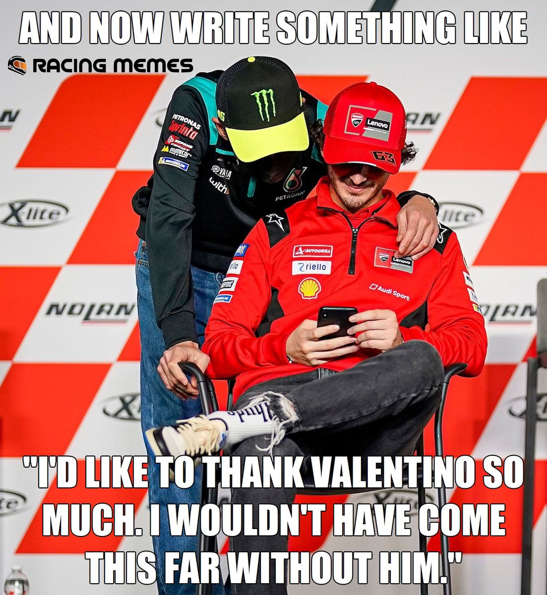 racingmemes56's tweet photo. #AlgarveGP: Francesco Bagnaia takes victory and seals P2 in the World Championship
#Portimao2021
#MotoGP2021
#MotoGP 
@PeccoBagnaia
@ducaticorse
@DucatiMotor
@AIAPortimao
@ValeYellow46 
@VRRidersAcademy 
@MotoGP
#FrancescoBagnaia
#Bagnaia
#FB21
#Ducati
#RacingMemes
#RacingMemes56 https://t.co/qJGG3Qchg2