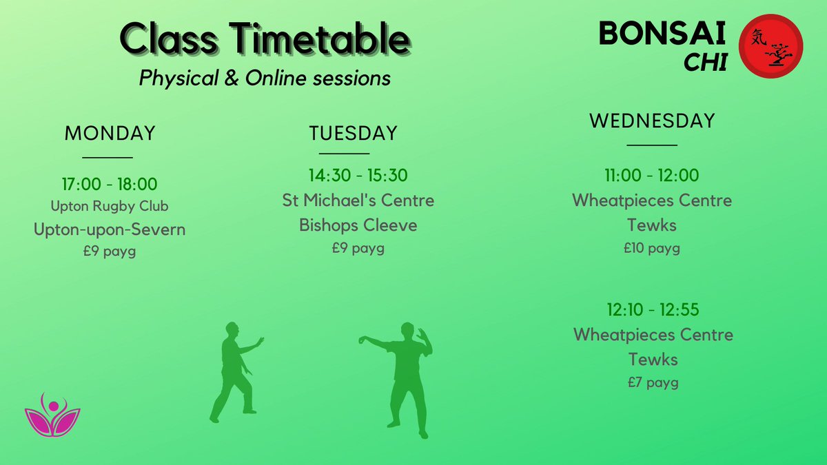 Nikki - Red Eagle MA 💙 (@redeagma) on Twitter photo Here is my revised class timetable. New faces are ALWAYS welcome at my classes
To book any class or to find out more about Bonsai Chi, drop me an email
info@bonsaichi.co.uk
#Cheltenham #Upton #Gloucestershire Here is my revised class timetable. New faces are ALWAYS welcome at my classes
To book any class or to find out more about Bonsai Chi, drop me an email
info@bonsaichi.co.uk
#Cheltenham #Upton #Gloucestershire