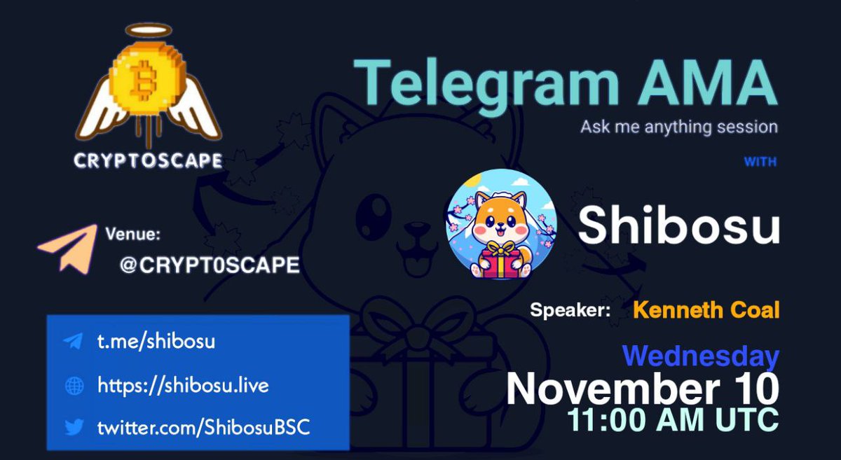 Cryptoscape1's tweet photo. Cryptoscape will hold an #AMA With Shibosu on 10 Nov 2021 at 11 AM UTC

 Venue:https://t.co/uMdunoHK7T 

Rules: 
🔸Like and Retweet 
🔸Follow @Cryptoscape1 and @ShibosuBSC
✍Comment 3 best questions and tag 3 Friends

Website: https://t.co/N6Hr3uTDAS https://t.co/dhAyWpYTnk