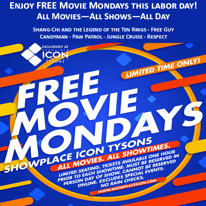 TheBoroTysons's tweet photo. There are only 2 Mondays left to take advantage of the Free Movie Monday promo at @ShowPlaceICON!📽️🍿  

All you have to do is find the regular feature film you want to see, visit up to 1 hour before the show, &amp; claim 1 free ticket. Tickets are only available in person. https://t.co/HC03MW4qRg