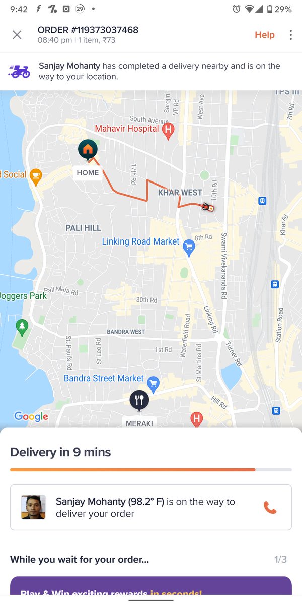 ZohebShariffi's tweet photo. It's been over an hour but the order hasn't reached yet! 

Delivery executive taking random routes which isn't in the direction from source to destination at all! 

How is this service acceptable? @SwiggyCares @swiggy_in https://t.co/FzV4DILtGI