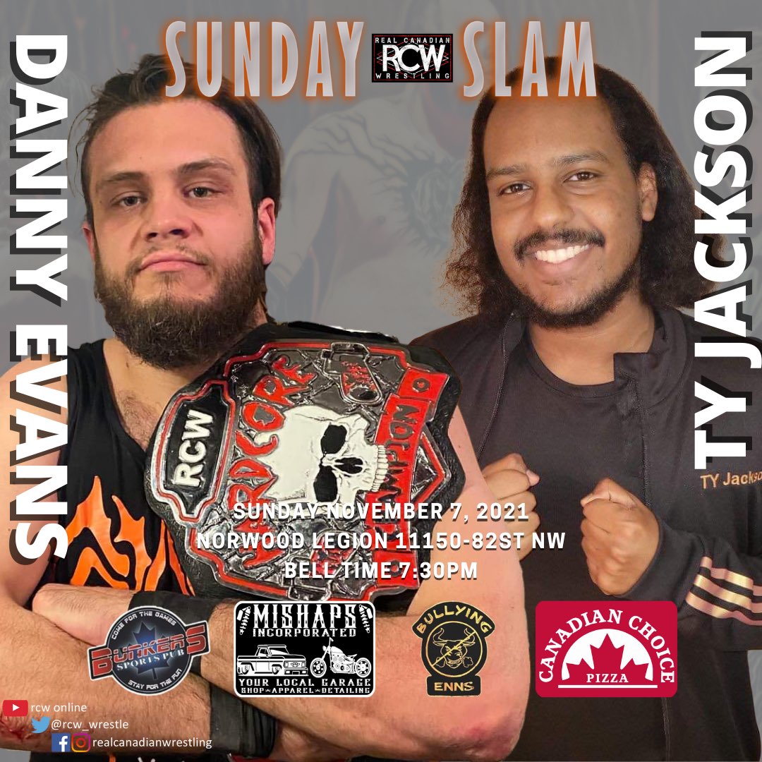 rcw_wrestle's tweet photo. SUNDAY 💥 SLAM 💥 
•
Sunday November 7th in Edmonton!
7:30pm at the Norwood Legion! 
•
Get your tickets at https://t.co/BQigj3lm3w or by etransfering rcwtickets@yahoo.com
•
💥Hardcore Title Match: Danny Evans (c) VS TY Jackson
#yeg #wrestling https://t.co/N2rECdpXDz