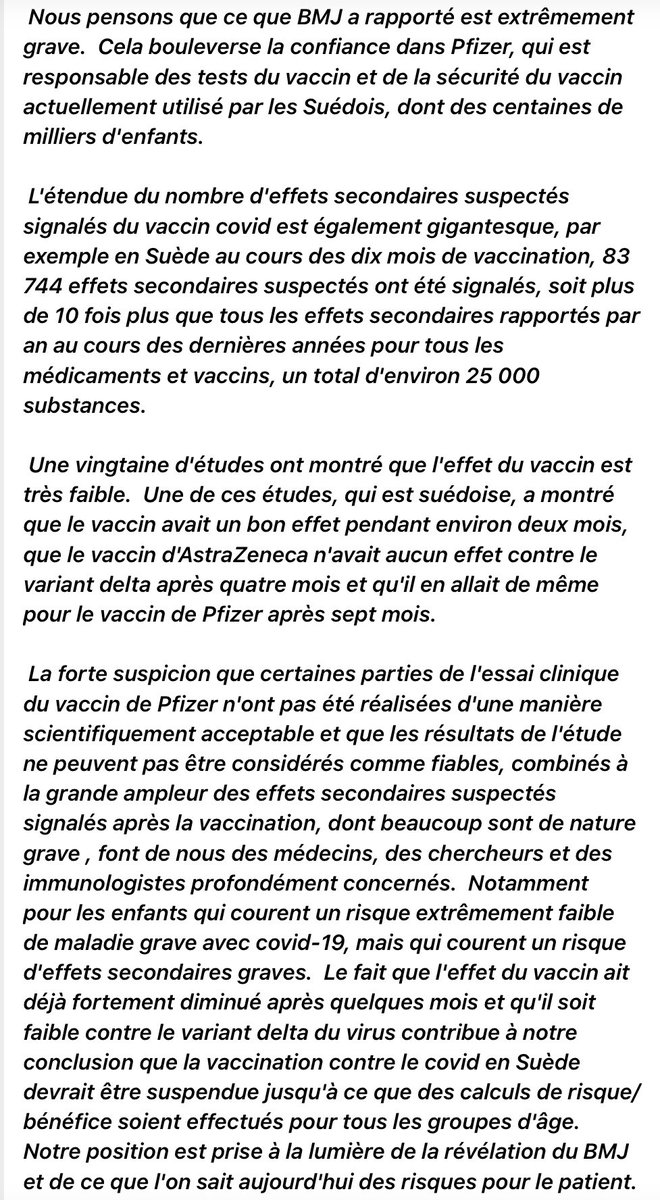MoniquePlaza3's tweet photo. La Suède montre une fois de plus la voie de l’humanisme et de la raison. 16 médecins et chercheurs, considérant la gravité du #Pfizergate , demandent la suspension de la vaccination en Suède. Leur argument ⬇️ https://t.co/8oUYnrIKel