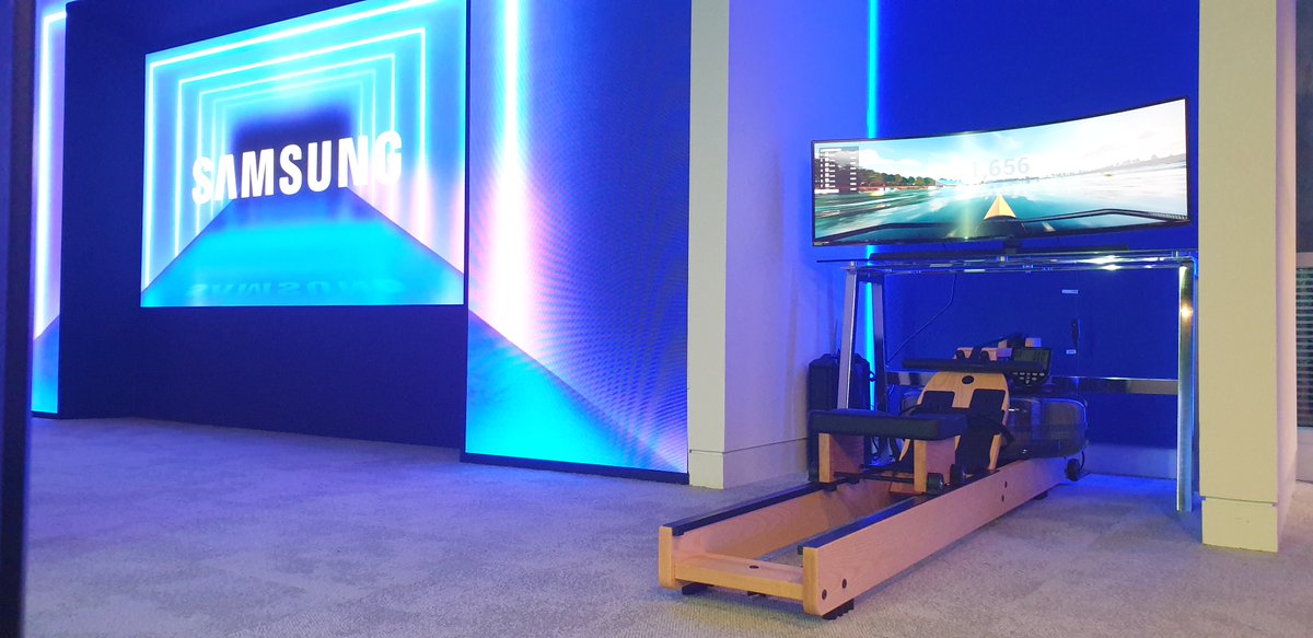 ImmersiveGym's tweet photo. Excited to be on display at Samsung Electronics HQ in Chertsey demonstrating the imersU ROW content on their 49" gaming monitor. Thanks to NOHrD | WaterRower for the rowing ergo. https://t.co/1k1hOjyJPP