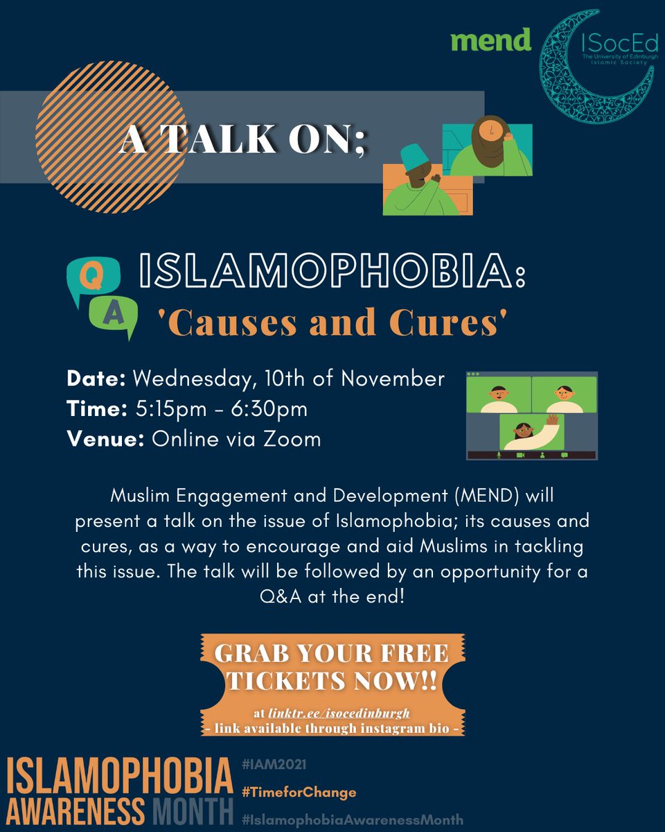 Salaam! This Wednesday the 10th we will be hosting our first IAM event of the month in collaboration with <a href="/mendcommunity/">MEND Community</a> ! 🥳
This is an online event, however to receive the link please sign up through the link below. See you all there insha’Allah💙🧡

eventbrite.co.uk/e/islamophobia…