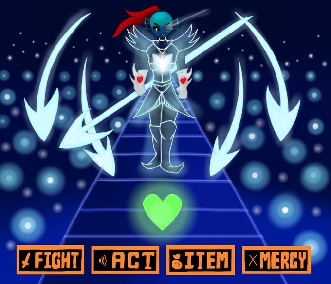 トビのゆっくり解説 Undertale ハバネロぉ Ie4rmpuajclhjba さんより 不死身のアンダイン戦の イラスト 以前サンズやガスターの絵も頂きました このウォーターフェルの落ち着いた雰囲気の中で戦ってる感じが素晴らしい 頑張れキャr アンダイン