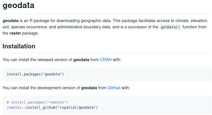 jakub_nowosad's tweet photo. Have you ever used  `getData()` from the {raster} package?

Do you know that its successor exists in a new package - {geodata} - access to climate, elevation, soil, species occurrence, and administrative boundary data?

Learn more at https://t.co/MGAZPvqAsM.

#rstats #rspatial https://t.co/wwyuuXcOWz