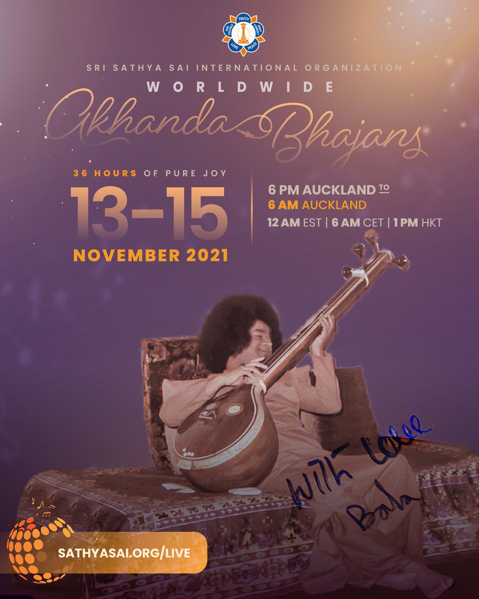 SathyaSai_Org's tweet photo. Join the #SSSIO for 36 hours of pure joy 🤩: Worldwide Akhanda Bhajans!
📺 Watch on https://t.co/qTDmtnomLz
🎶 6 PM Auckland time - November 13
Visit https://t.co/BPEQh3c4tw for your local ⏰ time
#SriSathyaSai #Sai96 #AkhandaBhajans #DevotionalSinging #SaiBhajans https://t.co/oPboy1Gb5V