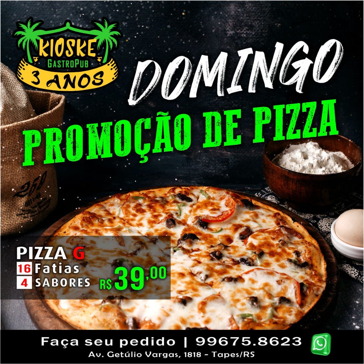 evaniatapes's tweet photo. QUE TAL ESSE DOMINGO SE DELICIAR COM UMA PIZZA DO KIOSKE ???????
E TEM PROMOÇÃO !!!! 
PROMOÇÃO DE PIZZA DO KIOSKE ... É HOJE....
PODE PEDIR OU COMER NO LOCAL..... https://t.co/WvNpjV3JSs
