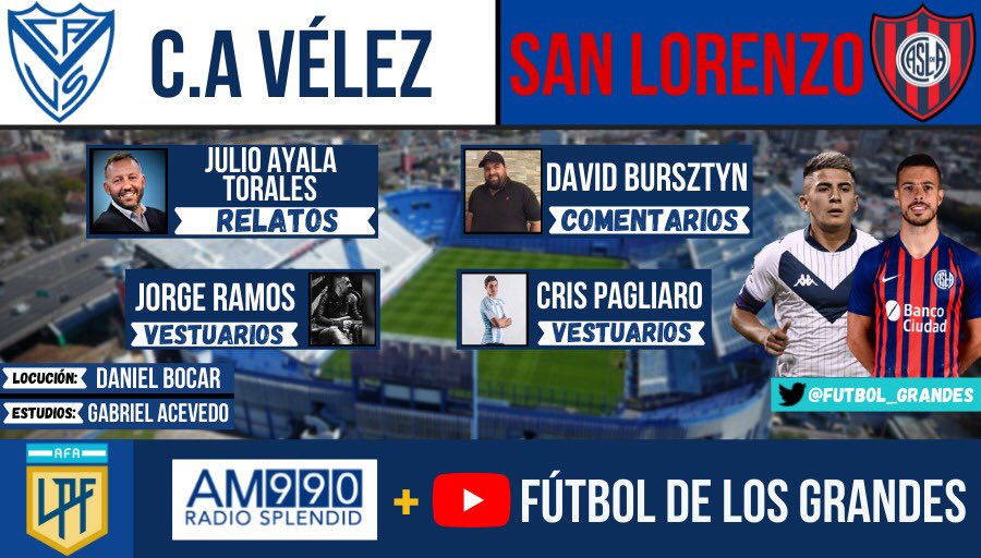 Desde las 17:50 En vivo desde el Jose Amalfitani! 
#Velez #SanLorenzo! Am 990 con <a href="/JulioAT/">Julio Ayala Torales</a> <a href="/tordodavid/">David Bursztyn</a> Jorge Ramos <a href="/DaniBocar/">Daniel Bocar</a> <a href="/DataCasla/">Gabriel Acevedo</a> y equipo!🎙