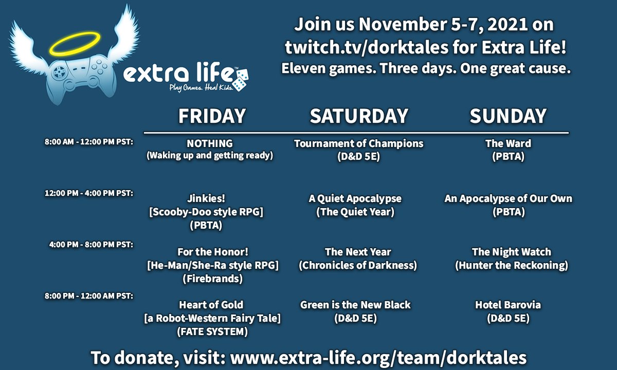 dork_tales's tweet photo. We're live with day 3 of #extralife!
Join us for @2ndGenWine running #pbta The Ward! A medical drama #ttrpg? Yes please! Donate to the drama! Donate to help kids today!
https://t.co/HvVR1q4NYG

#ttrpgs #rpg #dorktales #charity #ExtraLife2021 #extralife4kids https://t.co/pEEenjWDSR