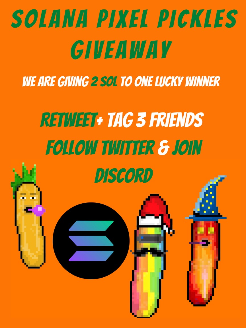 Solpixelpickles's tweet photo. PIXEL PICKLES 2 SOL GIVEAWAY! 🥒

1⃣RETWEET, FOLLOW TWITTER AND TAG 3 FRIENDS 

2⃣ JOIN DISCORD ✅

One Random Winner will be chosen in 48 hours ⏰
https://t.co/lBa1APLNtV

#NFTGiveaway #NFTs #NFTCommmunity #NFTdrop #NFT #SolanaAirdrop #SolanaNFT #SOL #SolanaNFTs #solanagiveaway https://t.co/TxyKNRw8ww